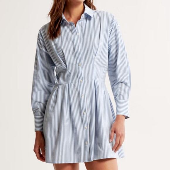 Abercrombie and Fitch Long-Sleeve Poplin Shirt Dress Striped Blue White - Picture 6 of 9